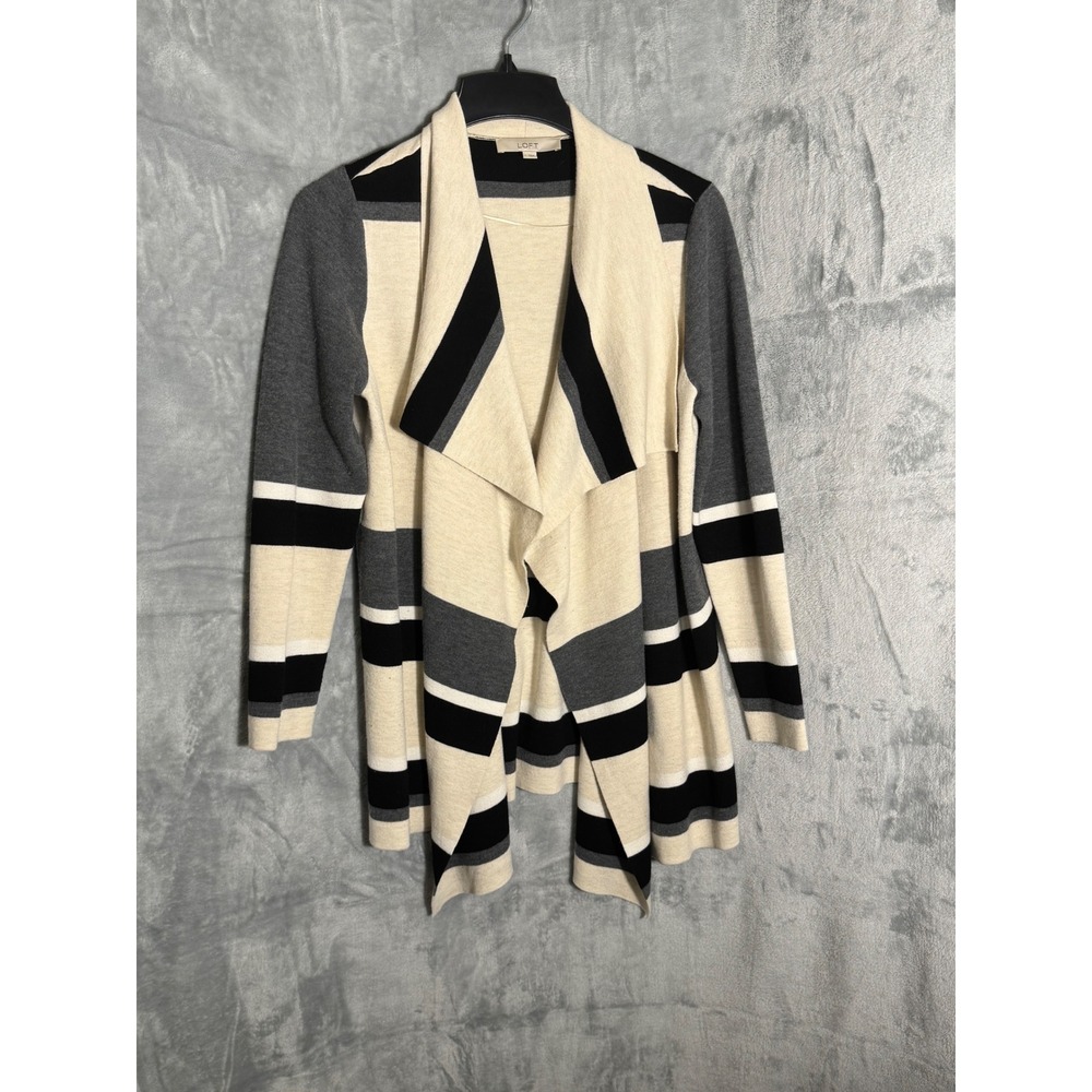 Ann Taylor Loft Womens L Open Front Cardigan Striped Wool Blend Sweater Cream